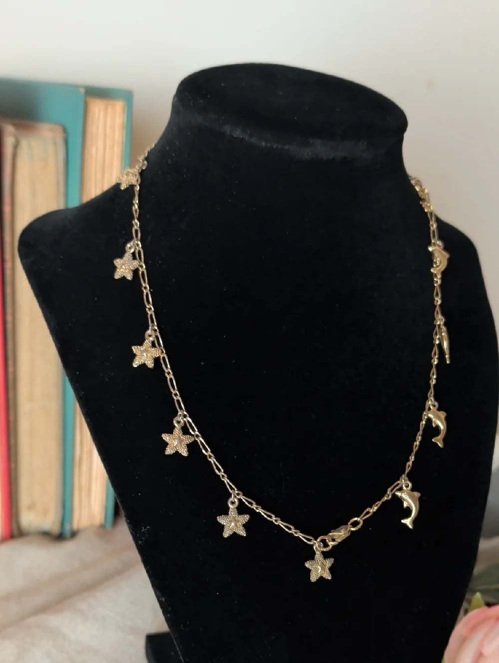Vintage Dolphin & Star Charm Necklace Gold Tone Coastal Y2K Bracelet / Anklet